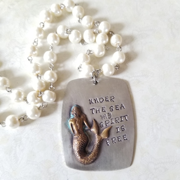 Hand Crafted Hand Stamped Faux Pearl Mermaid Pendant Necklace - Picture 16 of 16